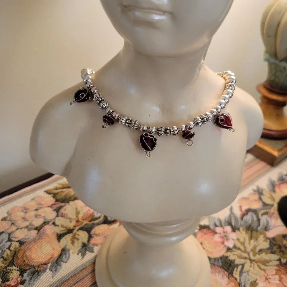 Handmade red heart and silver necklace - 24